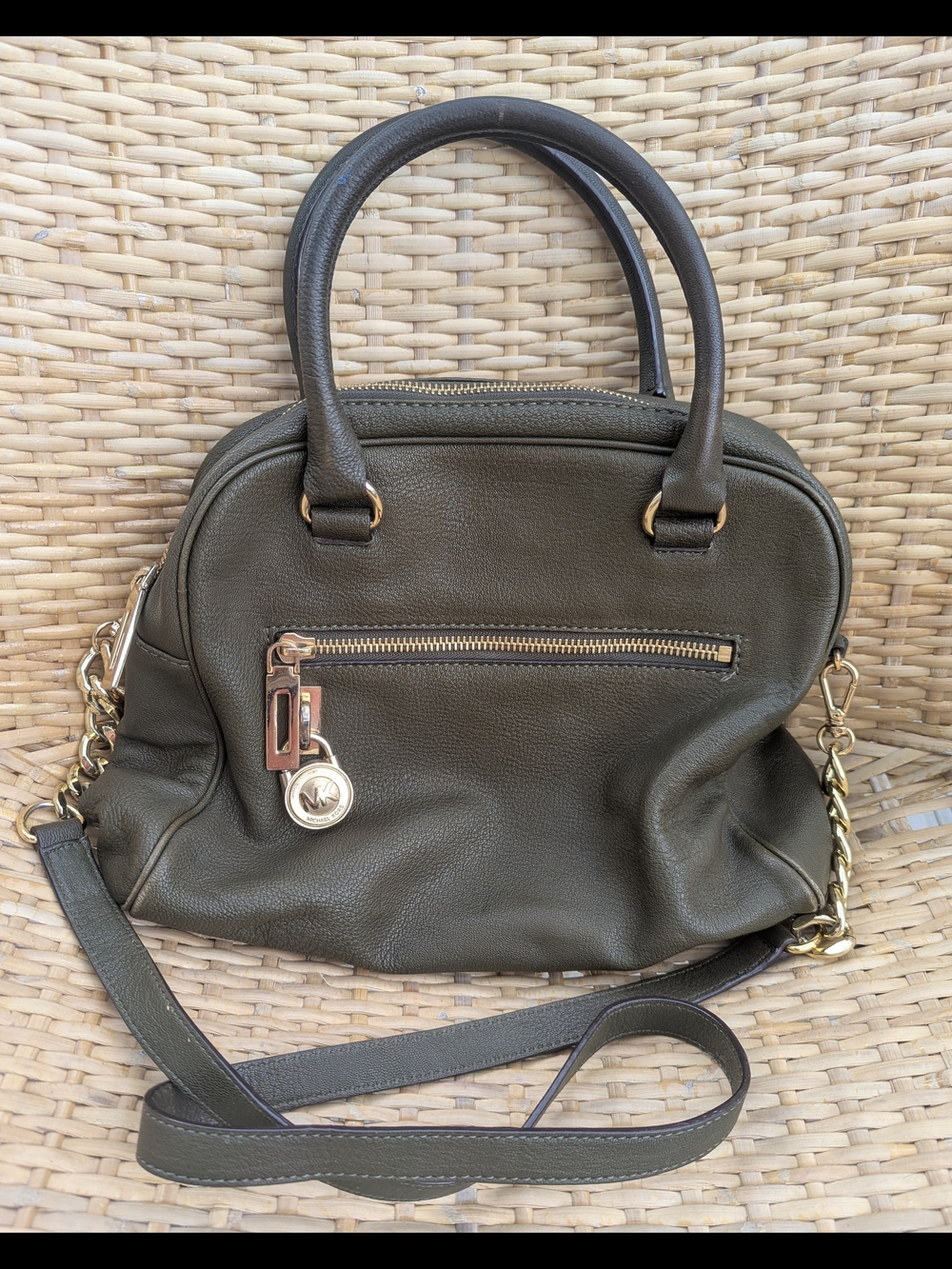 Michael Kors Olive Green Leather Satchel with Chain Strap